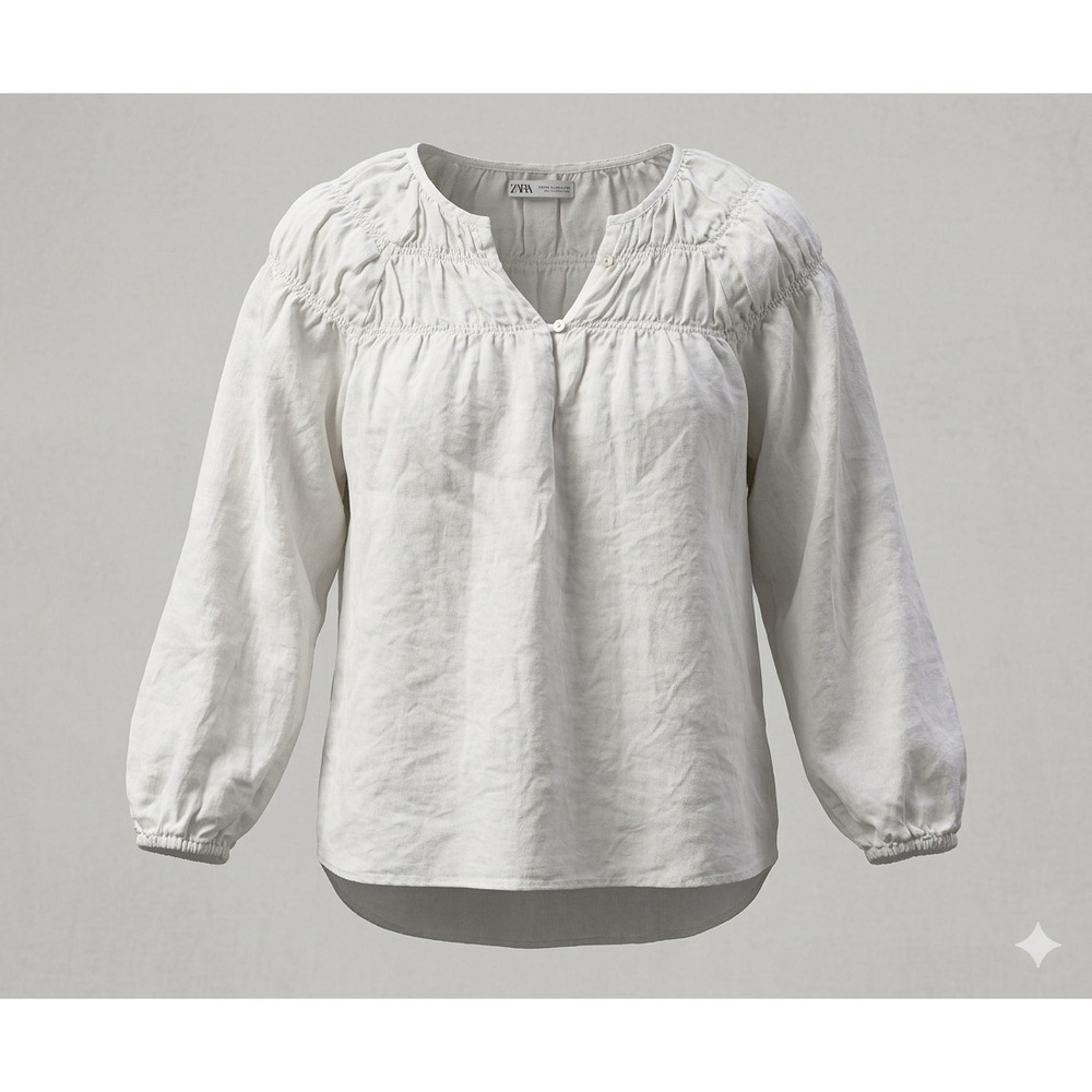 Zara Junior's White Linen Long Balloon Sleeve 2 Button Tunic Top. Size 13/14